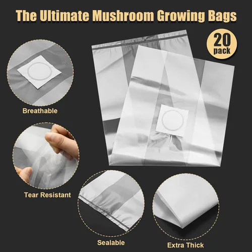 Vista 3 de Bolsas de desove de hongos, 20 bolsas grandes extra gruesas de 6 mil, bolsas de cultivo de hongos de 8 x 5 x 20 pulgadas, bolsa sellable de sustrato