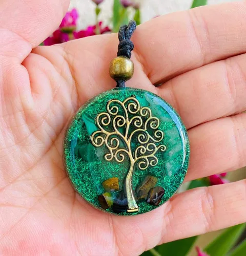 Vista 3 de Collar de orgón, árbol de la vida, protección - cristales curativos, piedra física, mental y espiritual -cuarzo, malaquita, ojo de tigre - bobina