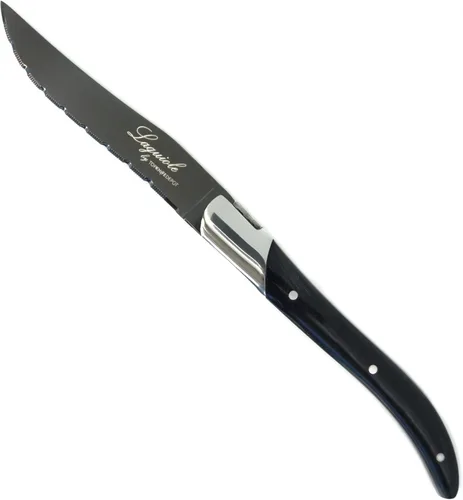 Vista 2 de TopKnife Laguiole - Juego de cuchillos para carne, titanio gris, mango de resina negra, juego de 2