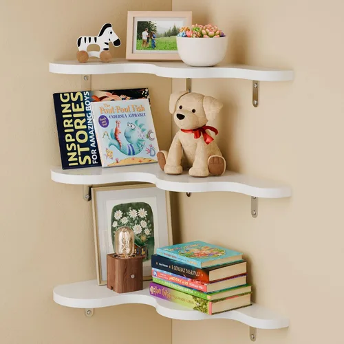 Vista 9 de Cute Cloud Corner Shelves - Set of 2 Brown Wooden Floating Corner Shelves Wall Mounted, 90-Degree Space-Saving Nursery Shelves with Brackets, Kids