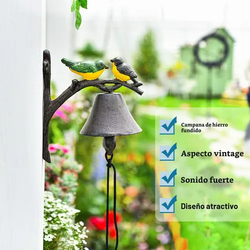 Vista 5 de Sungmor Campana de cena de hierro fundido, campana de puerta exterior de granja, campana colgante de pared, antiguo color encantador pájaros Forma B