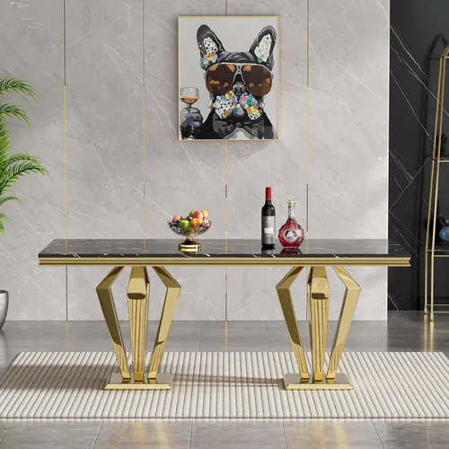Vista 2 de Mesa de comedor de mármol negro para 4, 6, 70 pulgadas, moderna mesa de comedor de cocina dorada con base de acero inoxidable con diseño