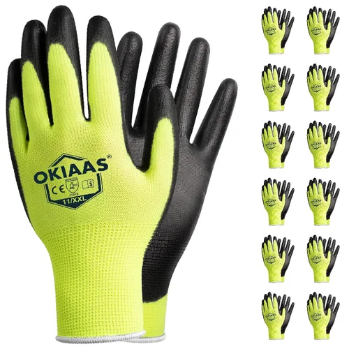 Vista 25 de OKIAAS Guantes de trabajo ultrafinos y ligeros para hombre con agarre, 12 pares, color negro, talla S