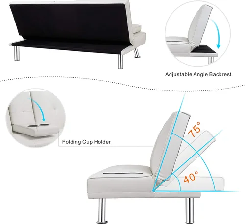 Vista 5 de Walsunny Sofá moderno de piel sintética, sofá reclinable plegable, brazos dobles, sala de estar dormitorio sofá silla (blanco)