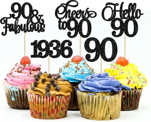 Vista 40 de Gyufise Paquete de 24 adornos negros para cupcakes de 10.º cumpleaños con purpurina negra 10 Ten Hello 10 Dights dobles desde 2015 para decoraciones