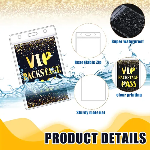 Vista 3 de Gueevin 50 juegos de cordones VIP con tarjetas de pase VIP de plástico, tarjetas de pase negro y dorado, soporte de plástico transparente