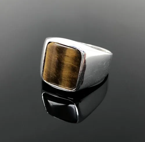 Vista 7 de KAR Anillo de ojo de tigre para hombre de plata esterlina maciza estampada 925K P2G
