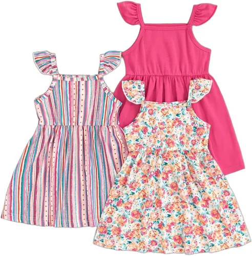 Vista 16 de Vestidos para niñas Vestidos para niñas pequeñas Paquete de 3 Vestido casual de fiesta con estampado patinador acampanado tipo A Vestido de verano
