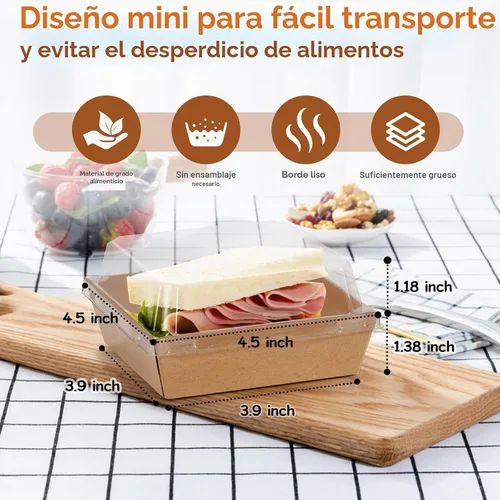 Vista 2 de Mini cajas de charcutería con tapas transparentes, 4.5 x 4.5 pulgadas, paquete de 20 cajas de postre marrones, cajas cuadradas desechables
