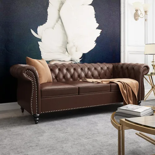 Vista 23 de QHITTY Sofá grande Accent, sofá Chesterfield de 3 plazas moderno de cuero, sofá tapizado con respaldo copetudo para muebles de sala de estar (negro)