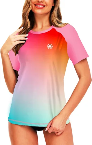 Vista 89 de AOBUTE Camisetas de natación de manga corta para mujer con protección solar degradada
