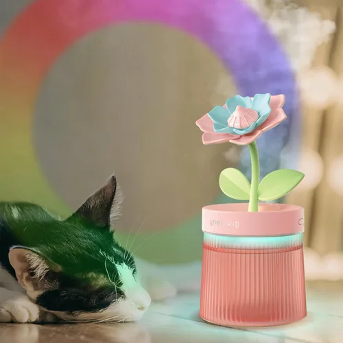 Vista 4 de Humidificador de niebla fría de 8.8 fl oz con linda flor, humidificador USB con luz, difusor de aceite esencial, difusor de aceite de aromaterapia