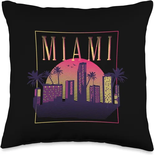 Vista 4 de Miami Florida USA Skyline Silhouette Outline Sketch Throw Pillow