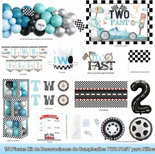 Vista 2 de Dos decoraciones de cumpleaños rápidas: 131 piezas con temática de autos de carreras con guirnalda de globos, dos fondos rápidos, globo de aluminio