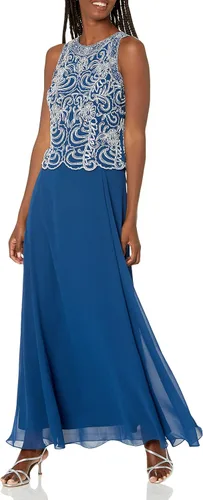 Vista 3 de J Kara Vestido largo con cuentas festoneadas sin mangas con bufanda para mujer