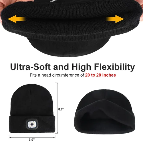 Vista 4 de SUNPRO Gorro LED con luz, gorro de punto iluminado, gorra recargable, regalos cálidos de invierno para hombres, mujeres, perros, caminar, acampar