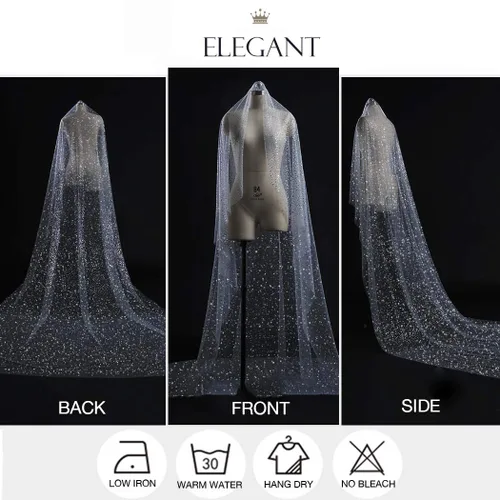 Vista 5 de Aukmla Elegante velo de catedral velo largo de boda chispeante exquisito tul suave con purpurina de puntos plateados para velos de novia Blanco 118