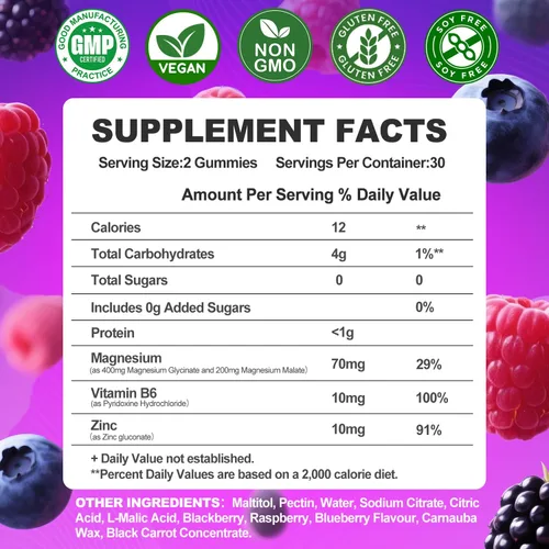 Vista 2 de Gomitas de glicinato de magnesio 400mg, gomitas de magnesio sin azúcar para adultos con malato de magnesio, zinc y vitamina B6 para dormir, apoyo