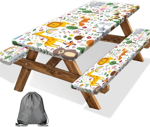 Vista 13 de Funda para Mesa de Picnic con Fundas para Bancos y Bolsa, Campista de Madera Impermeable Resistente al Viento, Cubierta de Mantel Ajustada con Borde