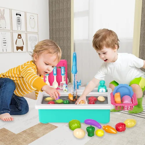 Vista 2 de Doloowee - Juguetes de fregadero de cocina con cambio de color, juguete de lavavajillas eléctrico para jugar con agua corriente para niños de 3 a 5