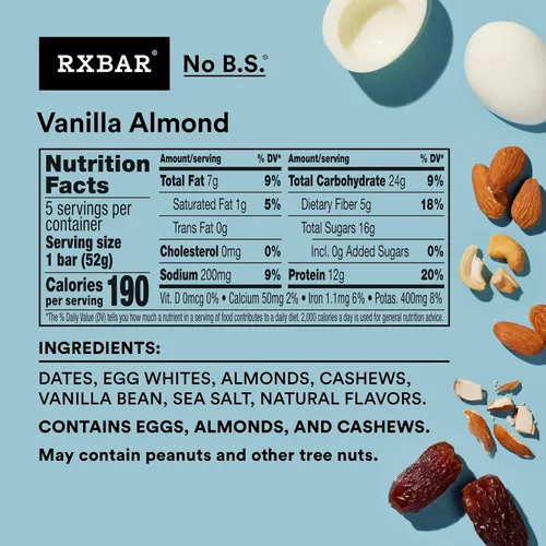 Vista 2 de RXBAR Barras de proteínas, 0.44 oz de proteína, aperitivos sin gluten, vainilla y almendra (6 cajas, 30 barras)