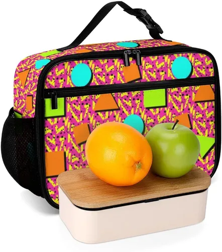Vista 7 de Lonchera retro de los años 80 y 90 con diseño geométrico reutilizable, bolsa térmica con aislamiento, lonchera para comida, contenedor de comida