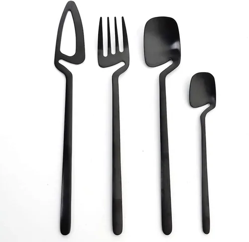Vista 5 de Juego de cubiertos de 24 piezas con utensilios de cocina para servir, servicio para 6, utensilios de acero inoxidable 304, cuchillo, A-Negro