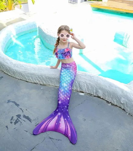 Vista 5 de DNFUN Traje de baño de sirena de 3 piezas para niñas, con cola de sirena, sin monoaleta