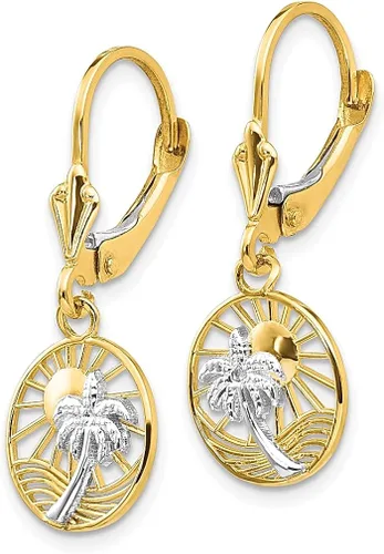 Vista 2 de Aretes de oro amarillo de 14 quilates con cierre de palanca de palmera, colgantes para exteriores, naturaleza, viajes, joyería fina para mujeres