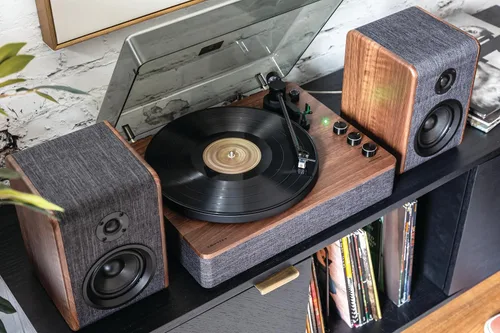 Vista 9 de Crosley CR7501A-CL Nocturne - Tocadiscos Bluetooth de 2 velocidades con altavoces estéreo a juego, color carbón