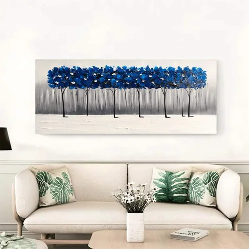 Vista 9 de Yihui Arts - Pintura al óleo de árbol azul pintado a mano en lienzo, paisaje moderno abstracto, obra de arte para pared, decoración para sala