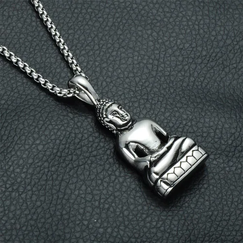 Vista 2 de SINLEO Collar con colgante de Buda tibetano de acero inoxidable para hombre, amuleto de Amitabha