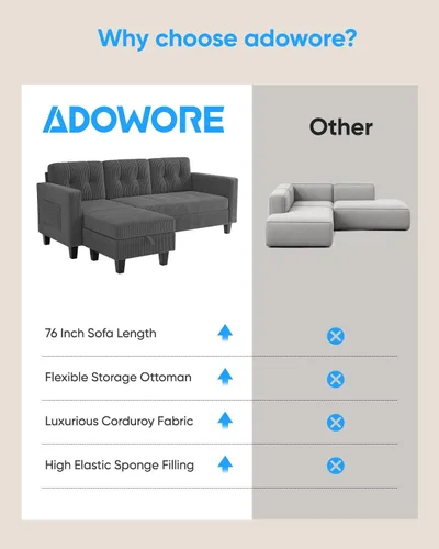 Vista 7 de Sofá en forma de L de 76 pulgadas, sofá modular convertible de pana con otomana de almacenamiento reversible, moderno sofá modular de 3 asientos