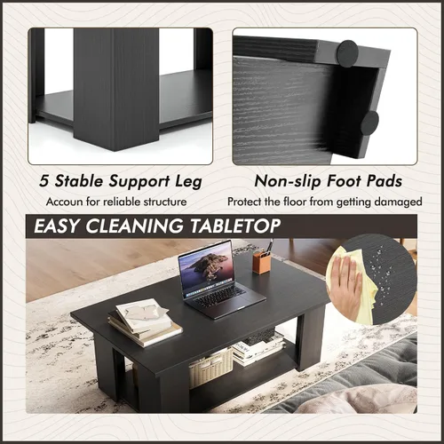 Vista 7 de Tangkula Mesa auxiliar de 2 niveles, moderna mesa de cóctel rectangular con 5 patas de soporte, muebles de sala de estar con acento de madera, mesa