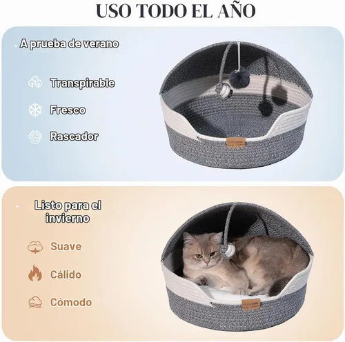 Vista 3 de CHEERPALS Cama para gatos con cojín lavable y cuerda de bola de algodón, cama cubierta para mascotas para gatos de interior, cama con capucha, cama