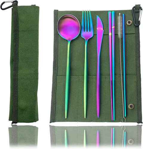 Vista 9 de JASHII Juego de cubiertos de viaje de acero inoxidable, tenedor, cuchara, cuchillo, pajilla, cubiertos reutilizables con estuche, juego de Rosa