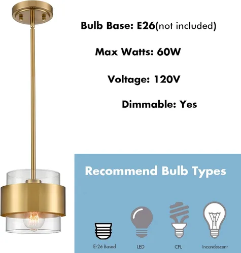 Vista 7 de CLAXY - Lámpara colgante de cocina dorada con pantalla cilíndrica transparente Straight Gold Rod Small Hanging Light for Kitchen Sink/Bar Dining