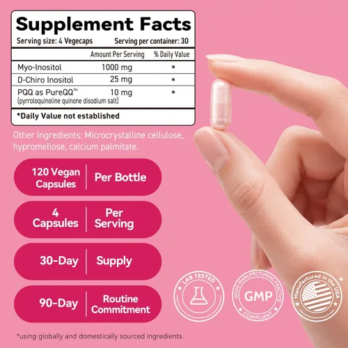 Vista 2 de Salud ovárica óptima Mio-inositol + D-Chiro y PQQ Fertilidad, apoyo hormonal y ovárico Proporción ideal de PCOS 40:1 Suplemento de inositol