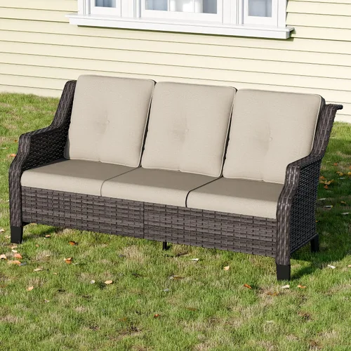 Vista 6 de Sofá de mimbre para patio al aire libre, sofá de 3 plazas, sofá de ratán con asiento profundo y cojines de olefina, respaldo alto, todo tipo de Beige