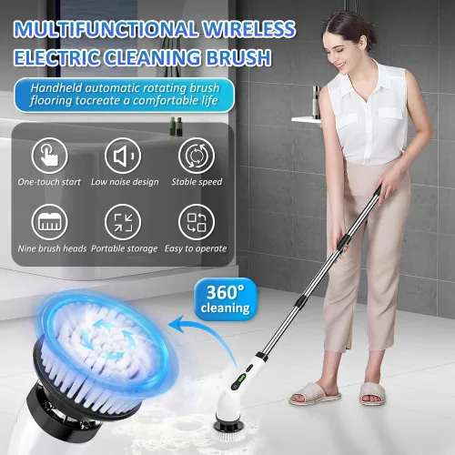 Vista 2 de Limpiador eléctrico giratorio de ducha, cepillo de limpieza con mango largo, cepillo de limpieza eléctrico con 9 cabezales reemplazables, para baño