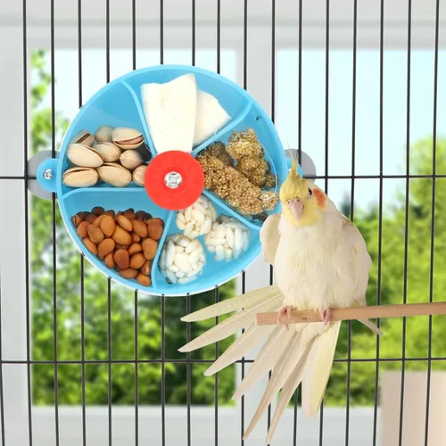 Vista 3 de Bird Creative Foraging System Wheel Seed Food Ball Rotate Training Toy para loros pequeños y medianos Periquitos Cacatúa Conure (azul)