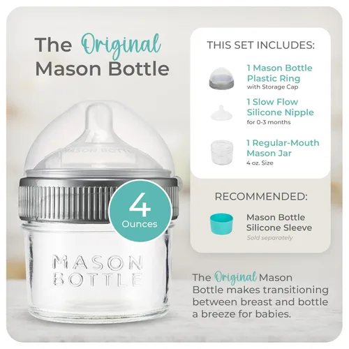 Vista 2 de Mason Bottle Botella de vidrio para bebé de 4 onzas con pezón de flujo lento, tapa y anillo, sin BPA, no tóxico, anticólico, biberón de vidrio