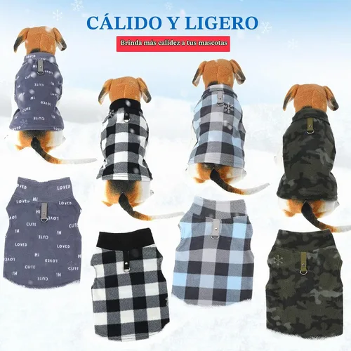 Vista 5 de 4 piezas de suéter para perro de tela de invierno con anillo de correa, suave chaleco de forro polar, ropa para perros, camuflaje a cuadros