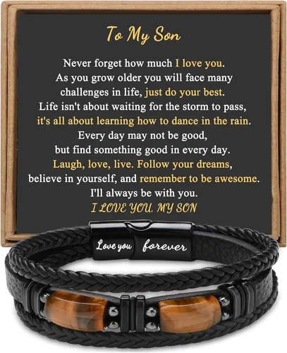 Vista 10 de Regalos únicos para hombres, pulsera de cuero para hombres, papá, novio, hijo, nieto, hermano, te amo para siempre, piedra ojo de tigre, día