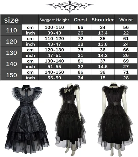 Vista 3 de Dworsky Wednesday Addams Dress,Wednesday Addams Costume Girls Lace Black Dress Halloween Party Gothic Cosplay