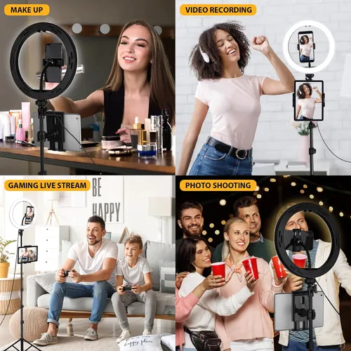 Vista 5 de Anillo de luz con soporte y soporte para teléfono, anillo de luz LED para selfie de 10 pulgadas con trípode (17 a 73 pulgadas) con control remoto