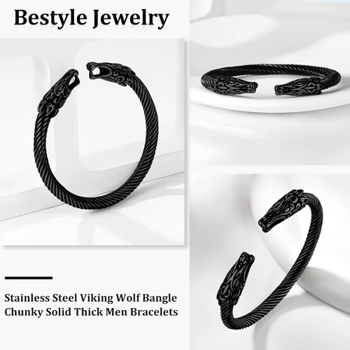 Vista 2 de Bestyle Brazalete vikingo de acero inoxidable pesado para hombres y niños, pulsera ajustable abierta de cuervoloboruna, vintage, retro, joyería