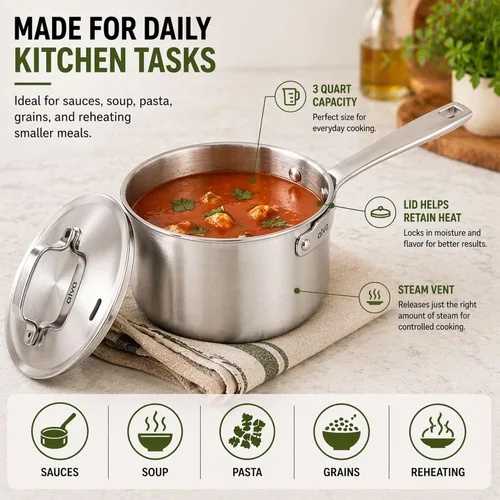 Vista 6 de Alva Maestro - Cacerola de acero inoxidable recubierta de 5 capas con tapa, olla pequeña de 1.5 cuartos de galón, compatible con inducción, apta