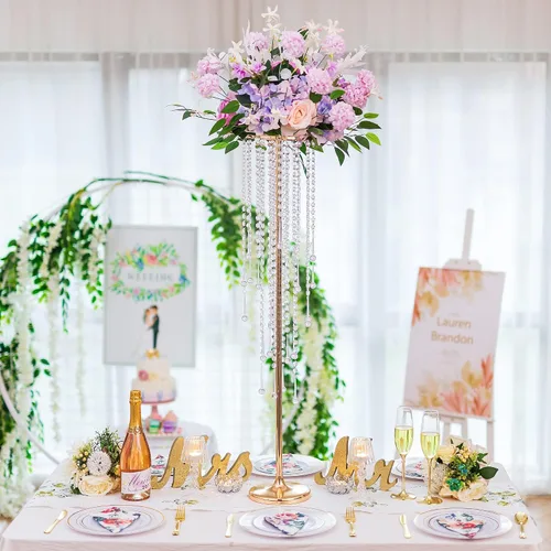 Vista 2 de Jarrones de boda altos Inweder para centros de mesa: dorado, 39.4 pulgadas, 2 piezas Chandelier Crystal Design, Centerpiece Table Decorations