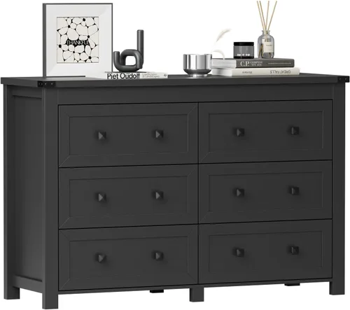 Vista 7 de Wodeer - Cómoda moderna, 6 cajones, negro, asas de metal, almacenamiento de clóset, organizador